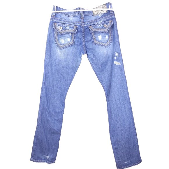 Guess Flirty Size 26 Blue Jeans Straight Leg Distressed Design Low Rise Stretch - Picture 6 of 8